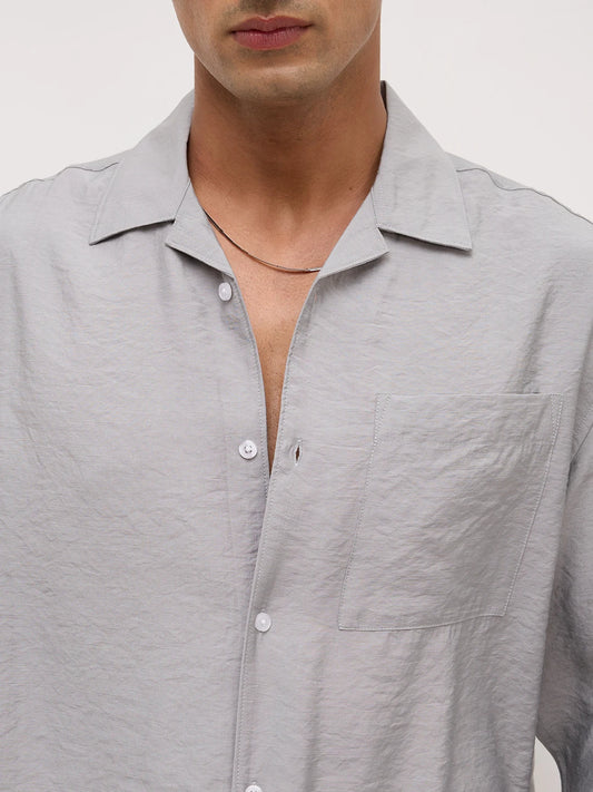 Refined Mist Grey Textured Oversized Notch Collar Shirt