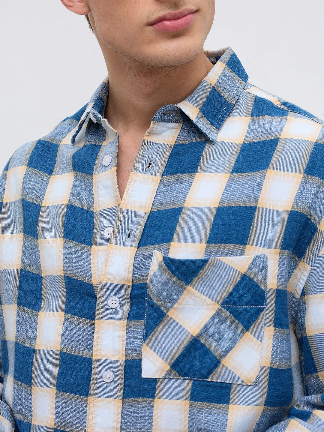 Denim Blue & Beige Box Checks Boxy Fit Crop Shirt