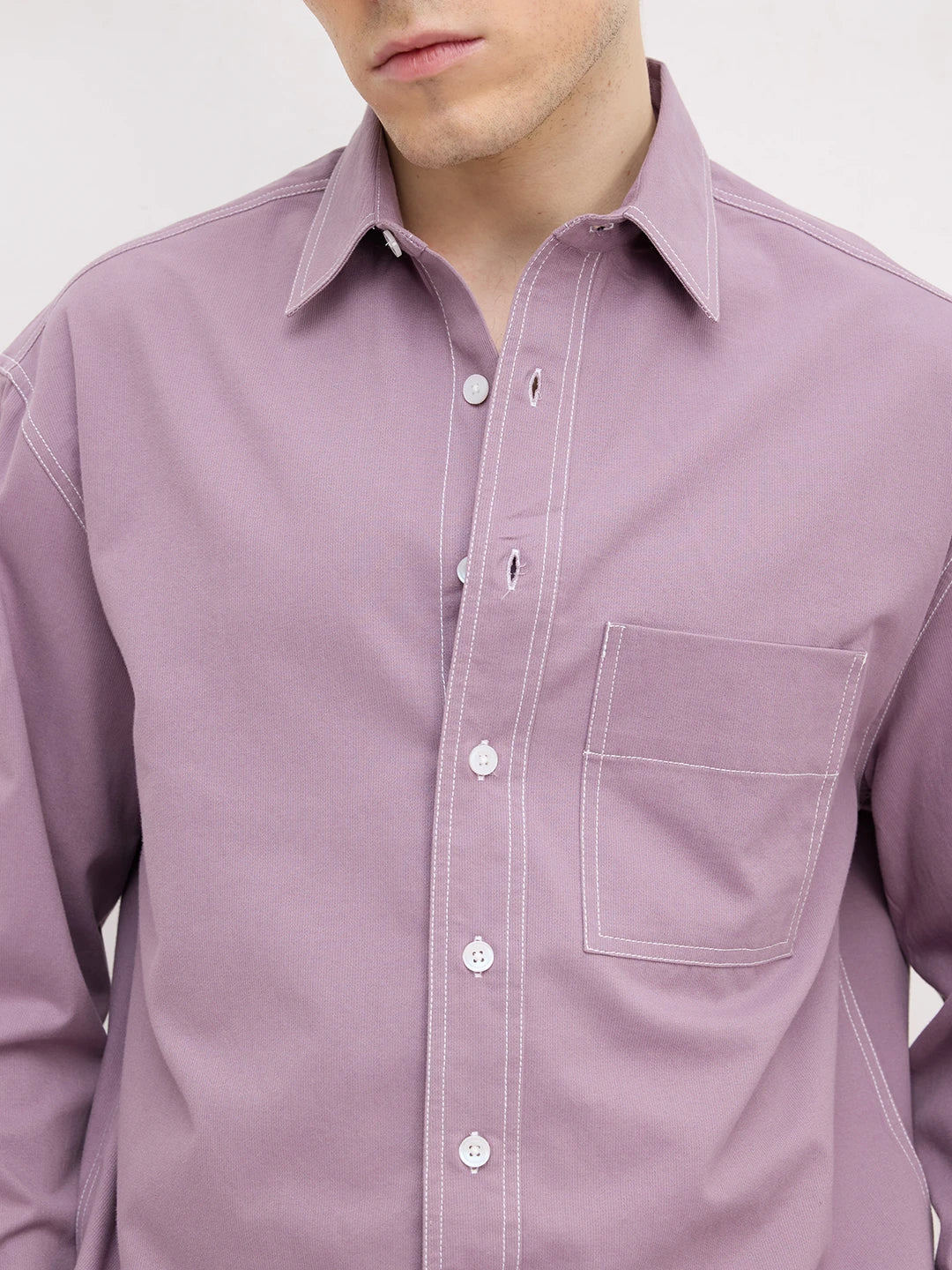 Rich French Lavender Contrast Stitch Boxy Fit Crop Cord Shirt