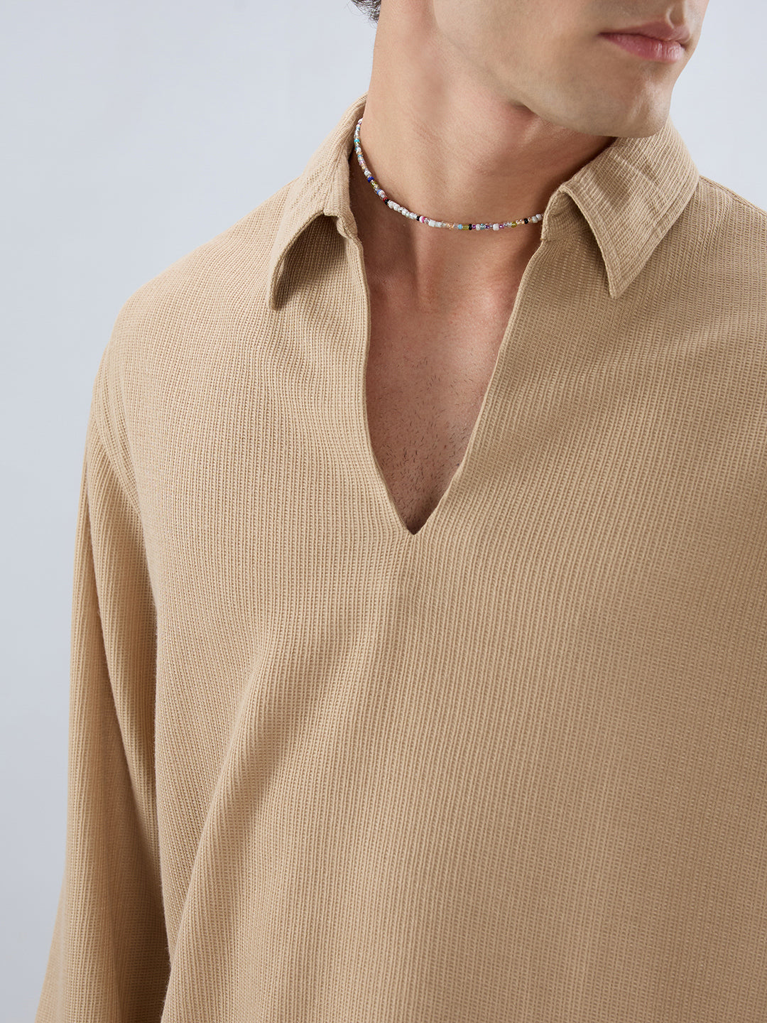 Tan Micro Weave Knitted Oversized Polo Shirt
