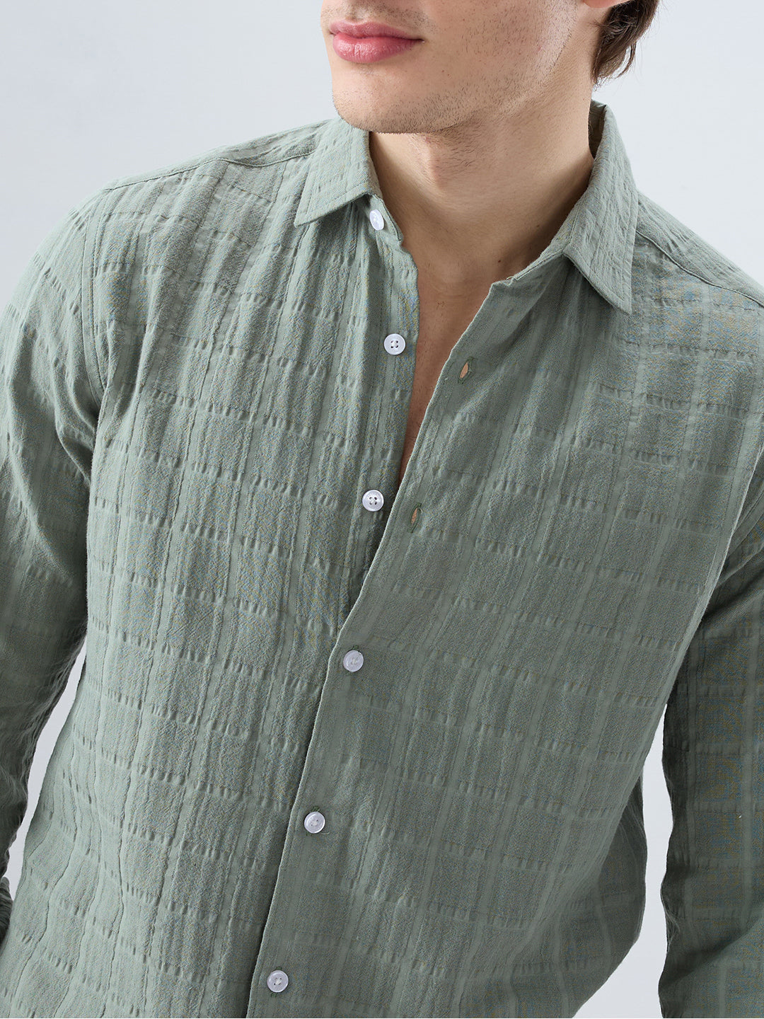 Sage Green Box Weave Double Cloth Seersucker Shirt