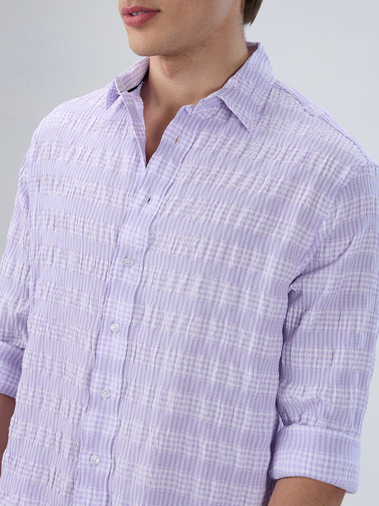 Purple Seersucker Gingham Checks Boxy Fit Crop Shirt