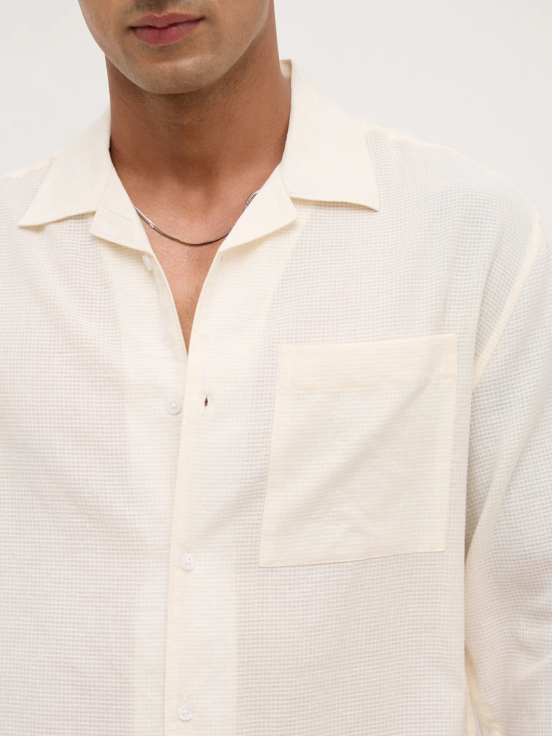 Sheer Off-White Gingham Checks Notch Collar Oversized Shirt