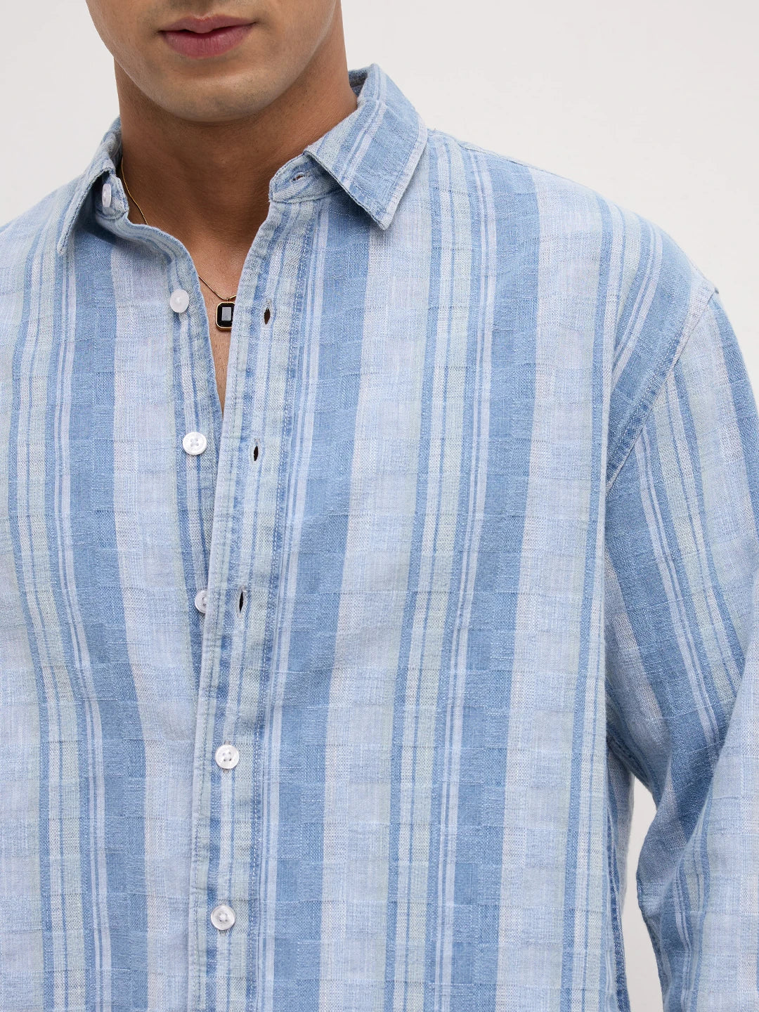 Distressed Hem Denim Blue Variegated Striped Boxy Fit Crop Shirt