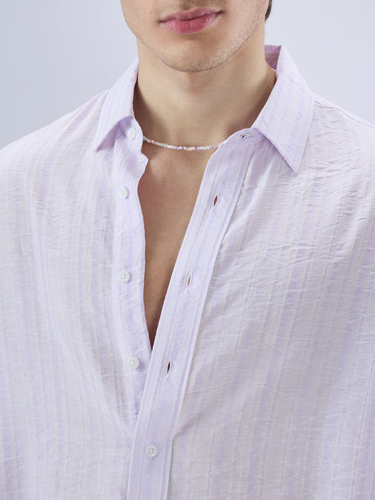 Elegant Lavender Airstripe Crinkled Boxy Fit Crop Shirt