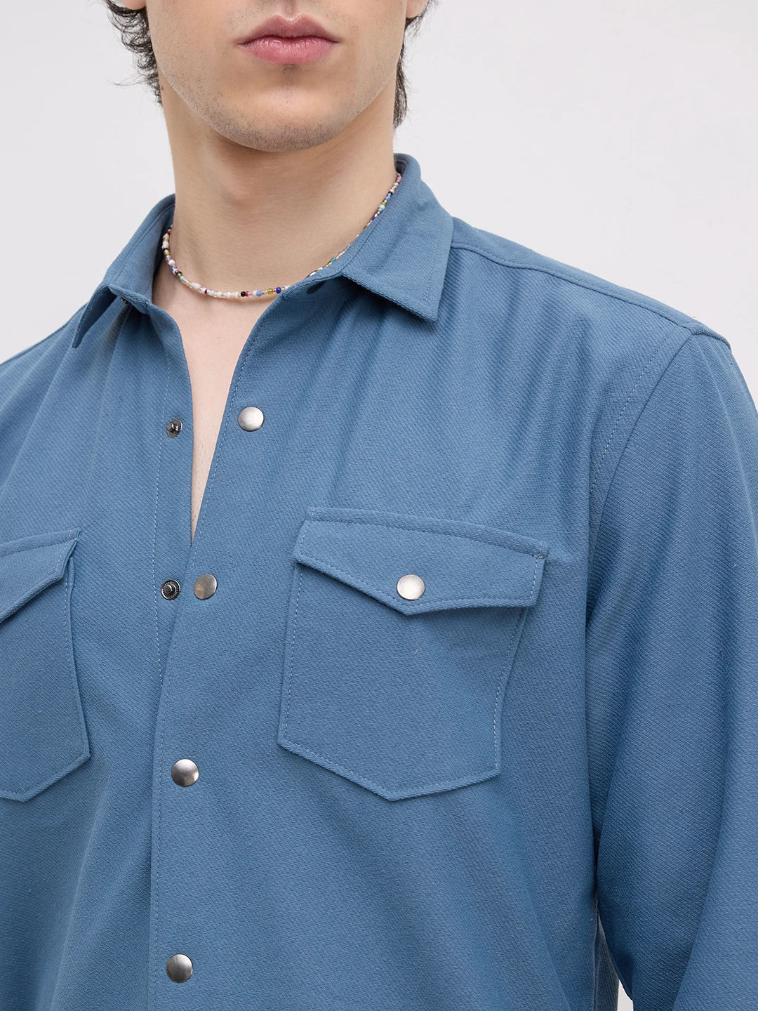 Cerulean Blue Twin Pocket Knitted Overshirt