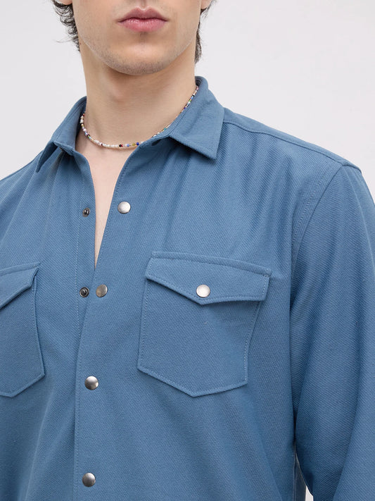 Cerulean Blue Twin Pocket Knitted Overshirt