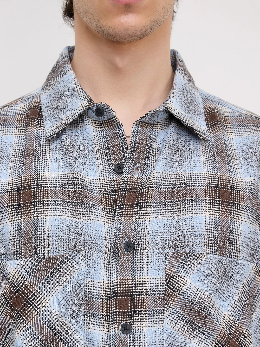 Sky Blue & Brown Flannel Plaid Checks Twin Pocket Crop Shirt