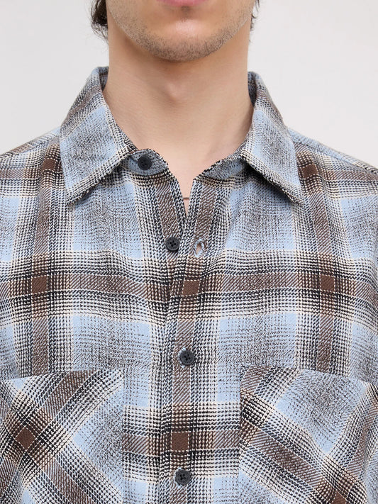 Sky Blue & Brown Flannel Plaid Checks Twin Pocket Crop Shirt