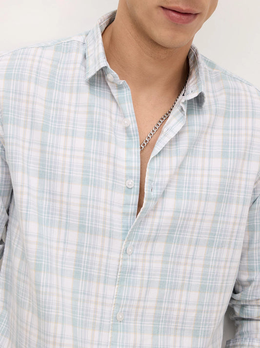 Washed Sage Green Fine Line Grid Checks Shirt