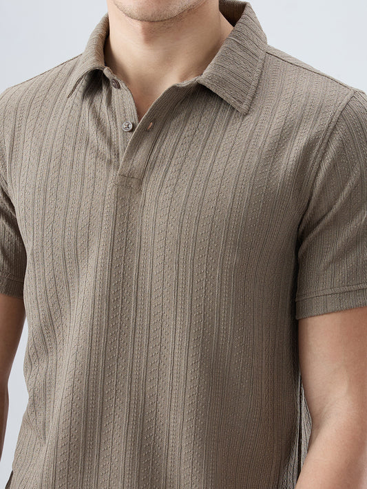 Dusty Beige Polo Neck Knit T-shirt