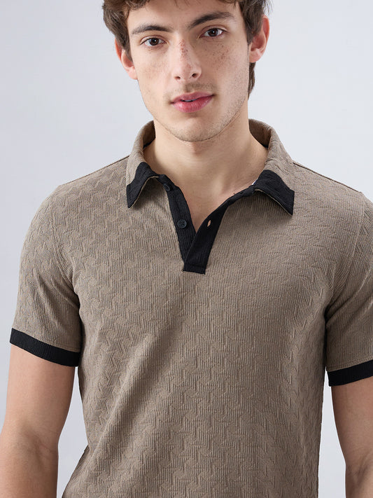 Taupe Textured Contrast Polo Neck Knit T-shirt