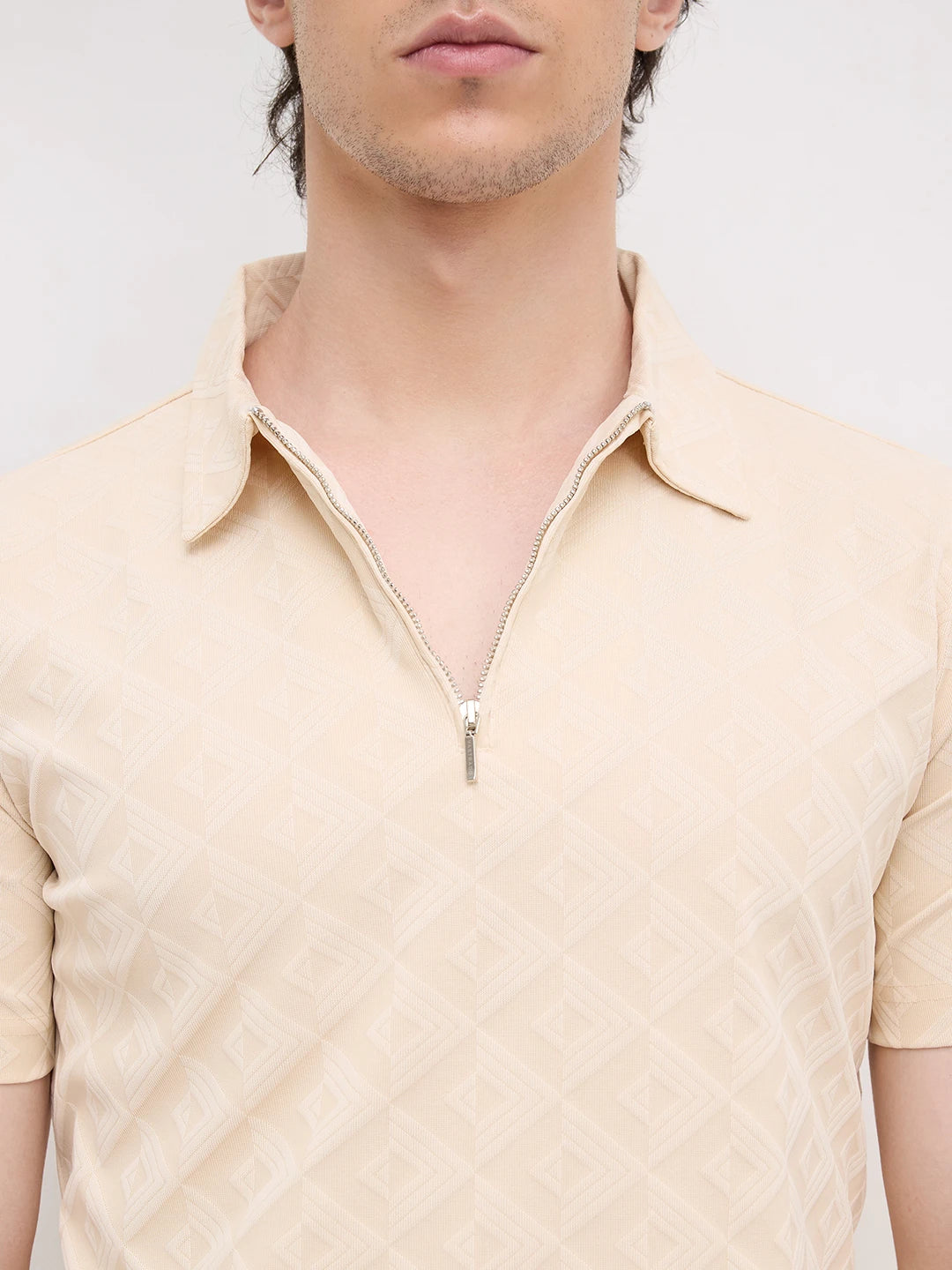 Cream Diamond Embossed Zip Polo Tee