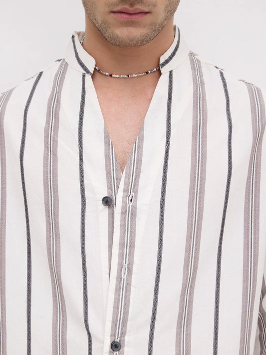 White Intricate Motif Contrast Striped Stand Collar Oversized Shirt