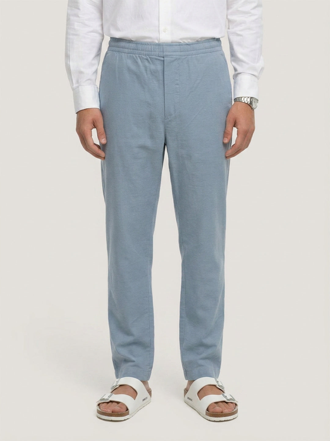 Blue Slub Chevron Textured Tapered Trousers