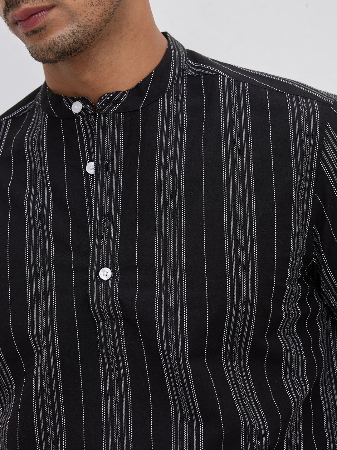 Jet Black Fine Threadwork Striped Kurta