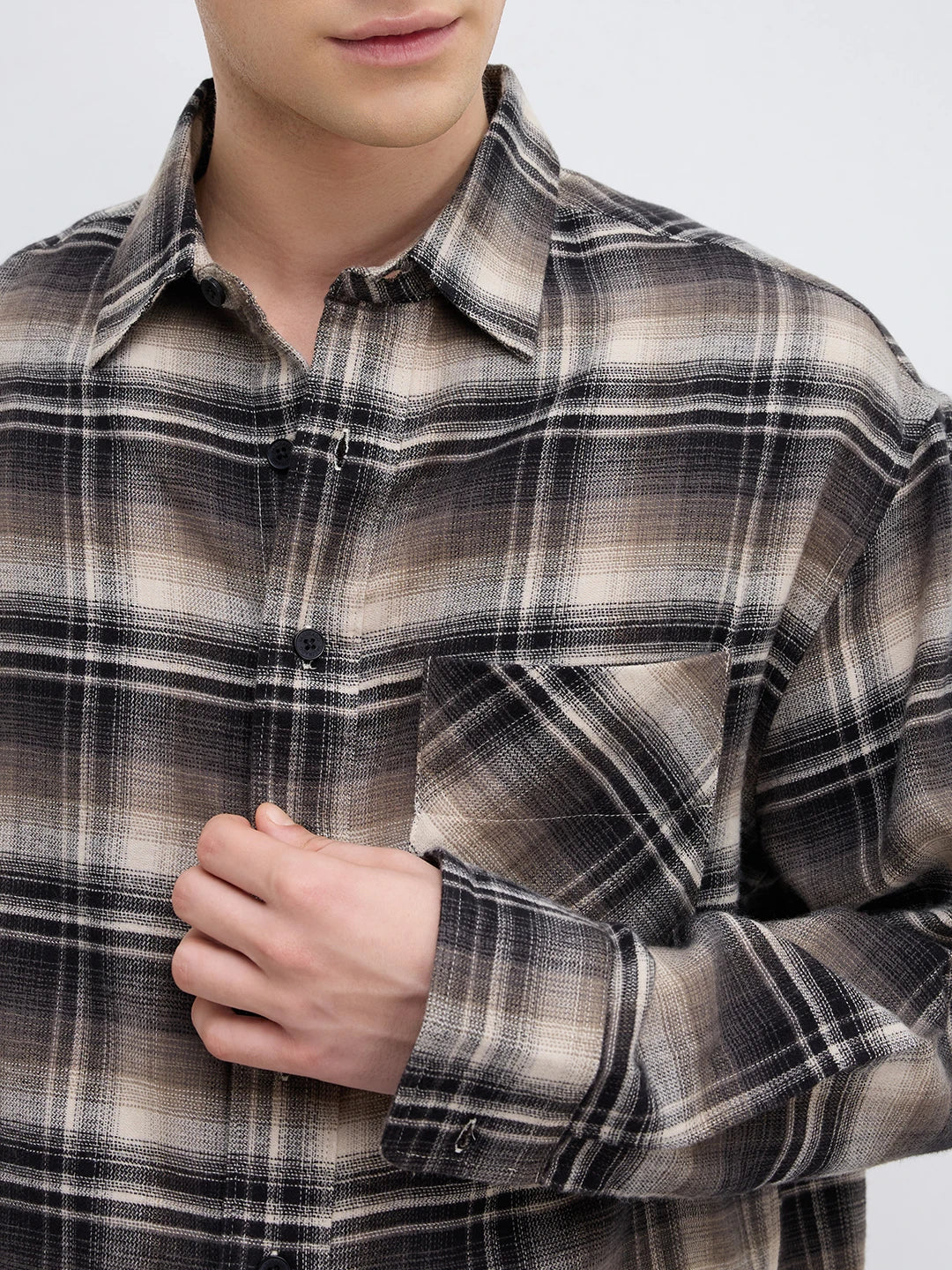 Rich Black & Brown Winter Plaid Shadow Checks Flannel Boxy Fit Crop Shirt