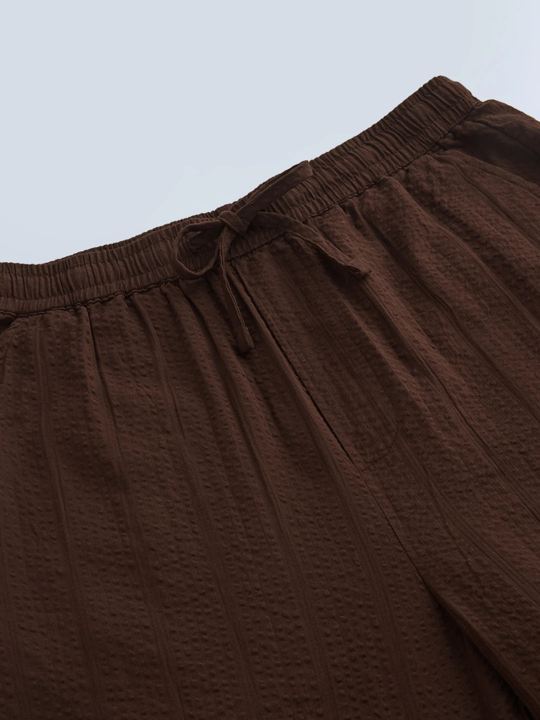 Luxe Brown Seersucker Striped Straight Fit Trousers