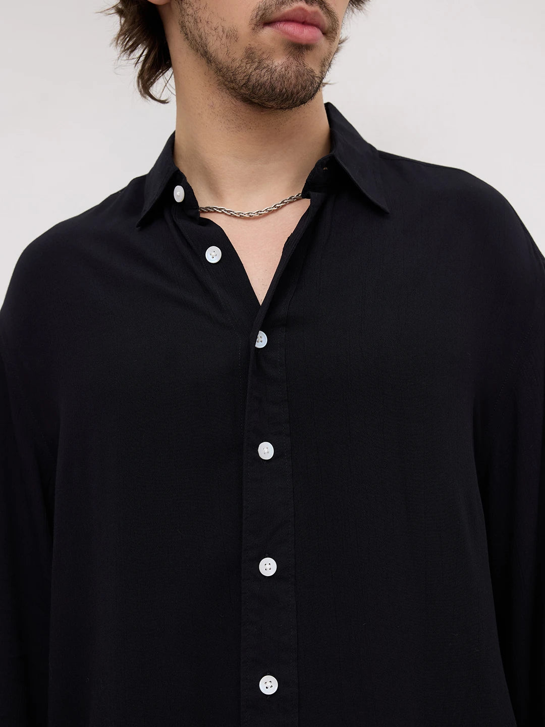 Iconic Black Crepe Textured Boxy Fit Shirt
