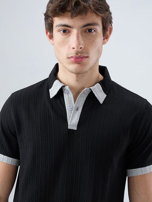 Rich Black Contrast Polo Neck Knit T-shirt