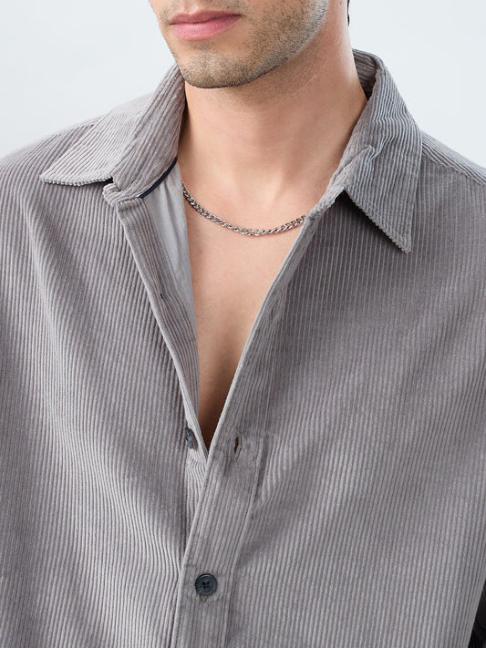 Cloud Grey Corduroy Boxy Fit Crop Shirt