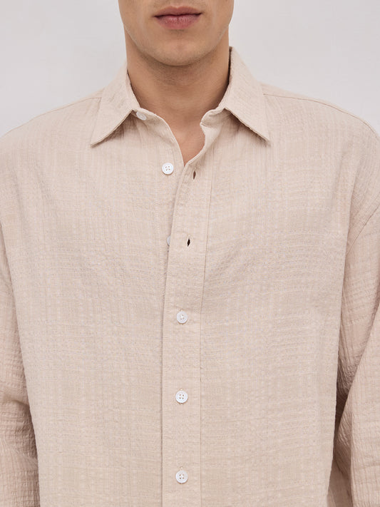 Beige Double Cloth Gauze Textured Boxy Fit Crop Shirt
