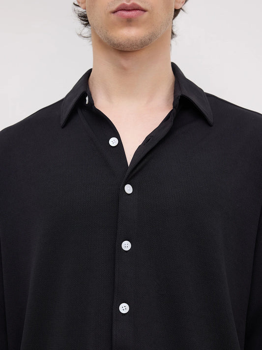 Rich Black Fine Textured Knitted Boxy Fit Crop Shirt