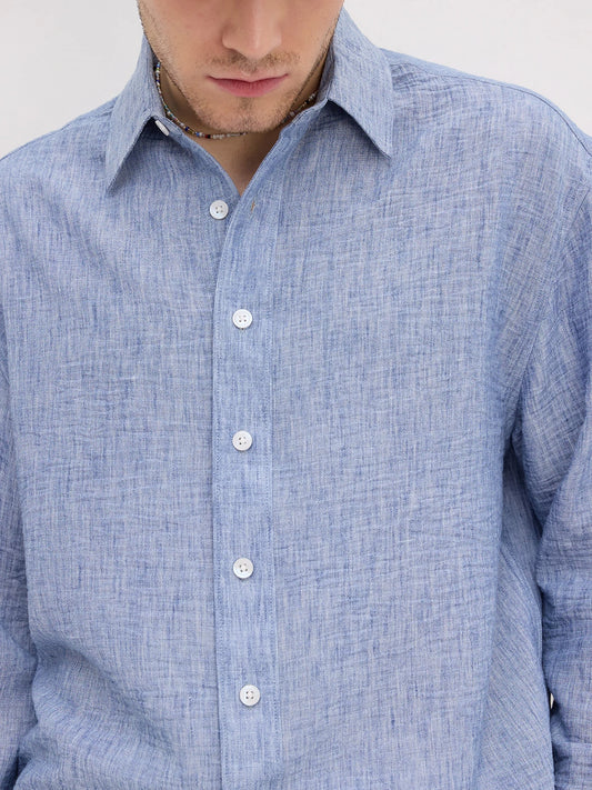 Royal Blue Textured Boxy Fit Crop Shirt