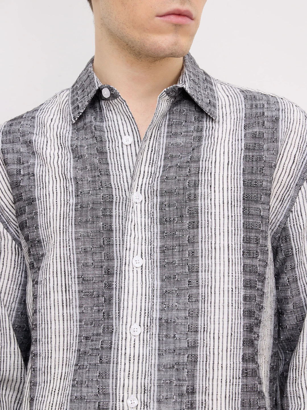Intricate Charcoal Grey Striped Boxy Fit Crop Shirt