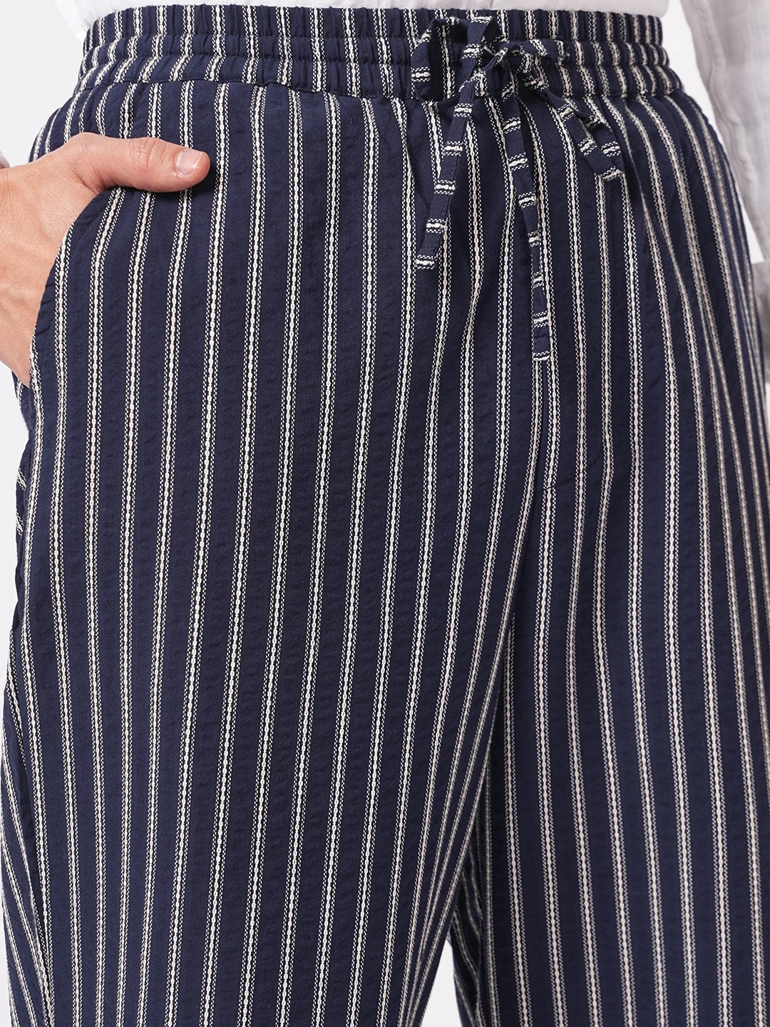 Navy Artisan Fine Embroidered Seersucker Striped Straight Fit Trousers