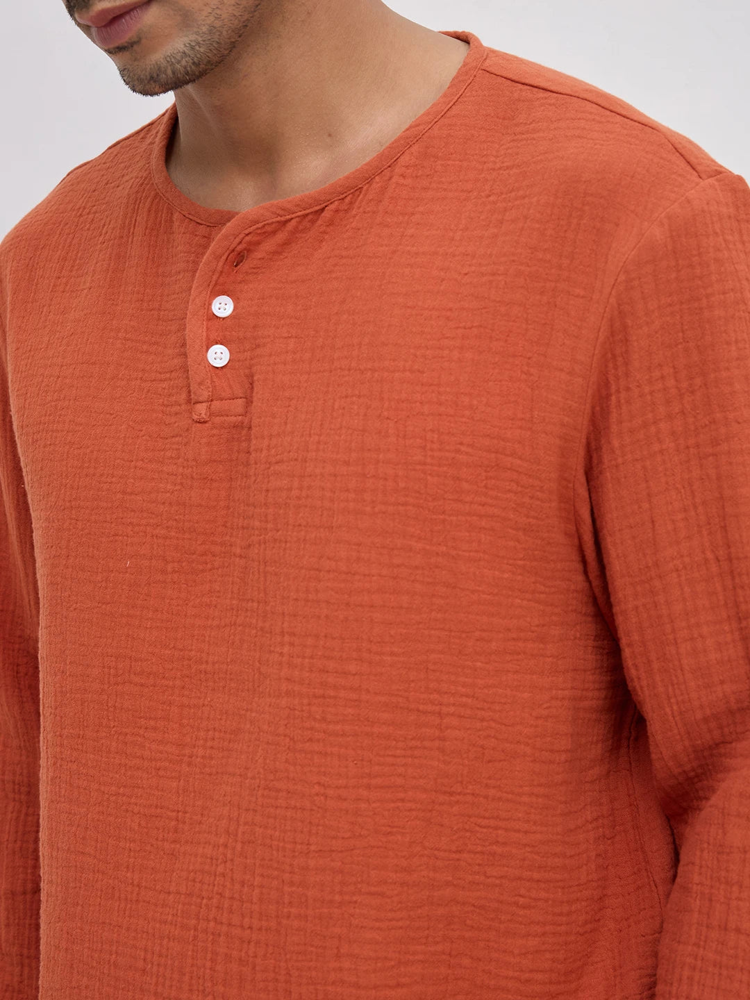 Soft Rust Double Cloth Henley Neck Oversized Shirt