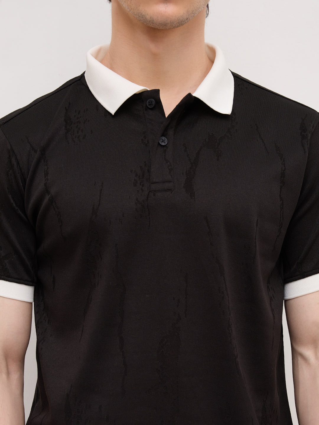Intricate Black Textured Contrast Polo Knit T-Shirt