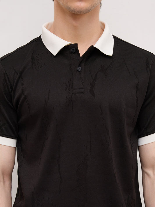 Intricate Black Textured Contrast Polo Knit T-Shirt