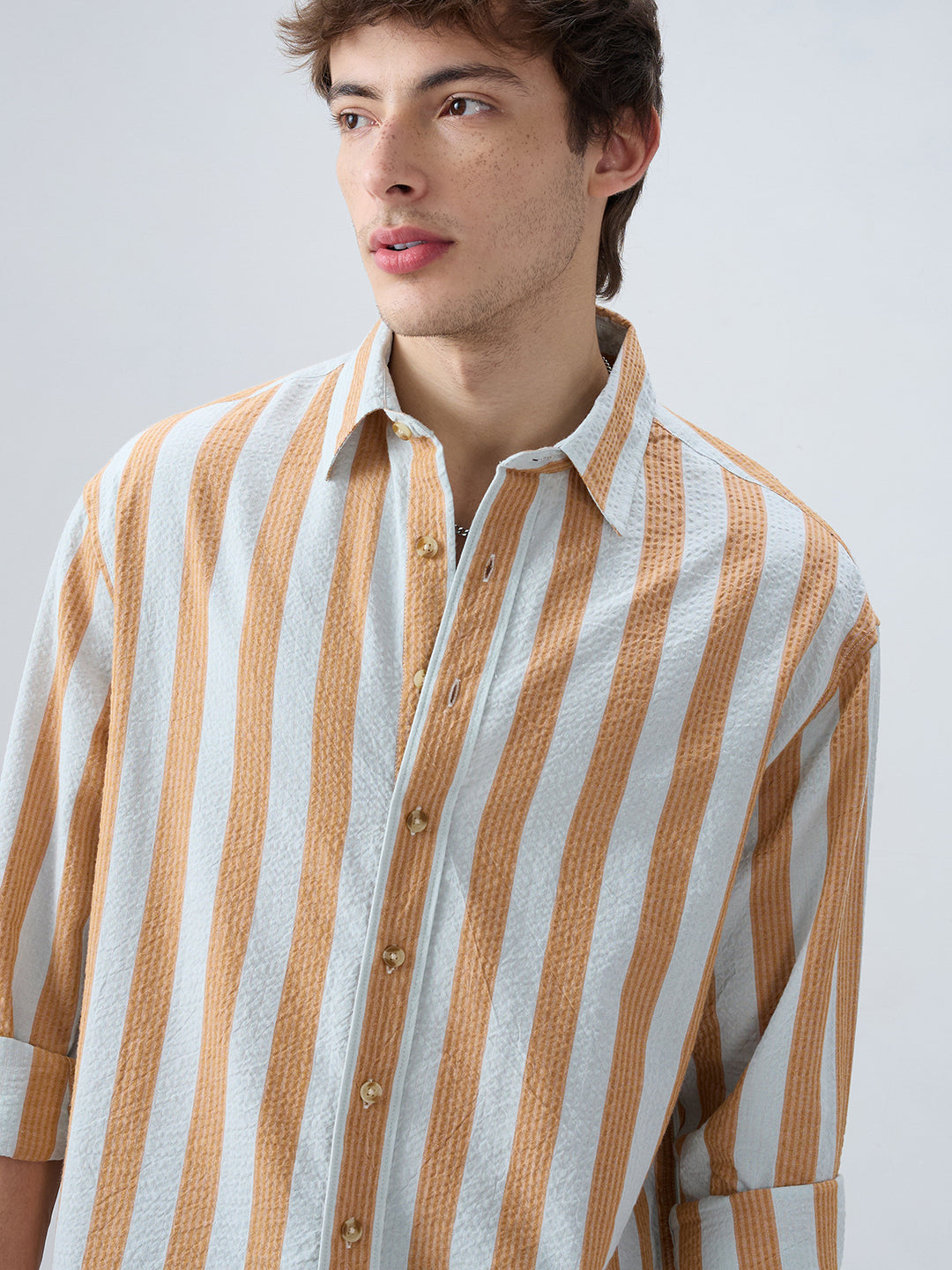 Orange & Blue Seersucker Awning Stripe Boxy Fit Crop Shirt