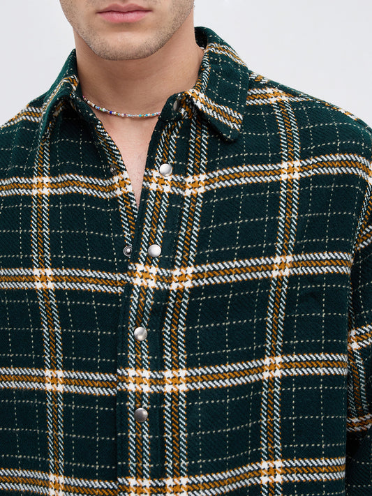 Forest Green Tartan Checked Boxy Fit Crop Flannel Shirt