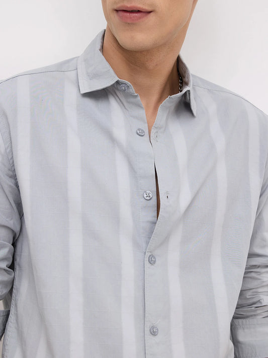 Bluish Grey Textured Striped Weave Shirt