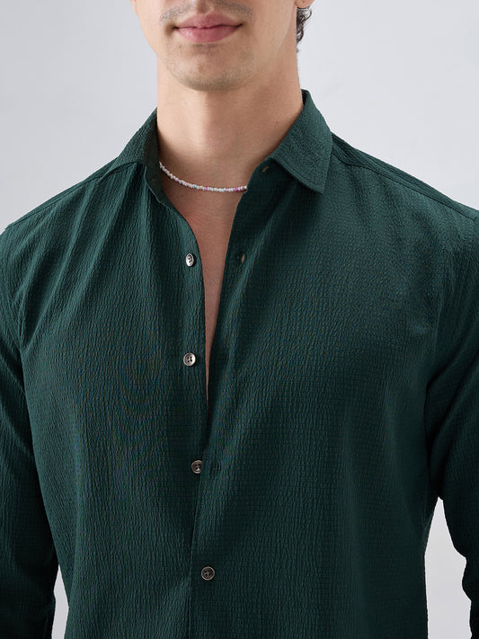 Deep Forest Green Minimal Weave Crinkled Shirt