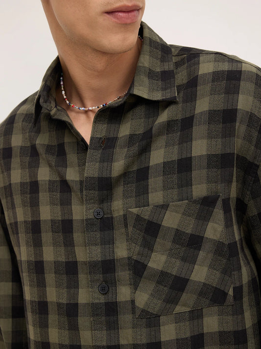 Luxe Green & Black Square Checks Cuffless Oversized Crop Shirt