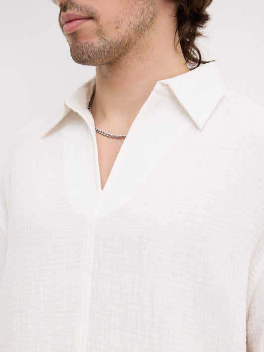 Snow White Double Cloth Center Seam Oversized Polo Shirt