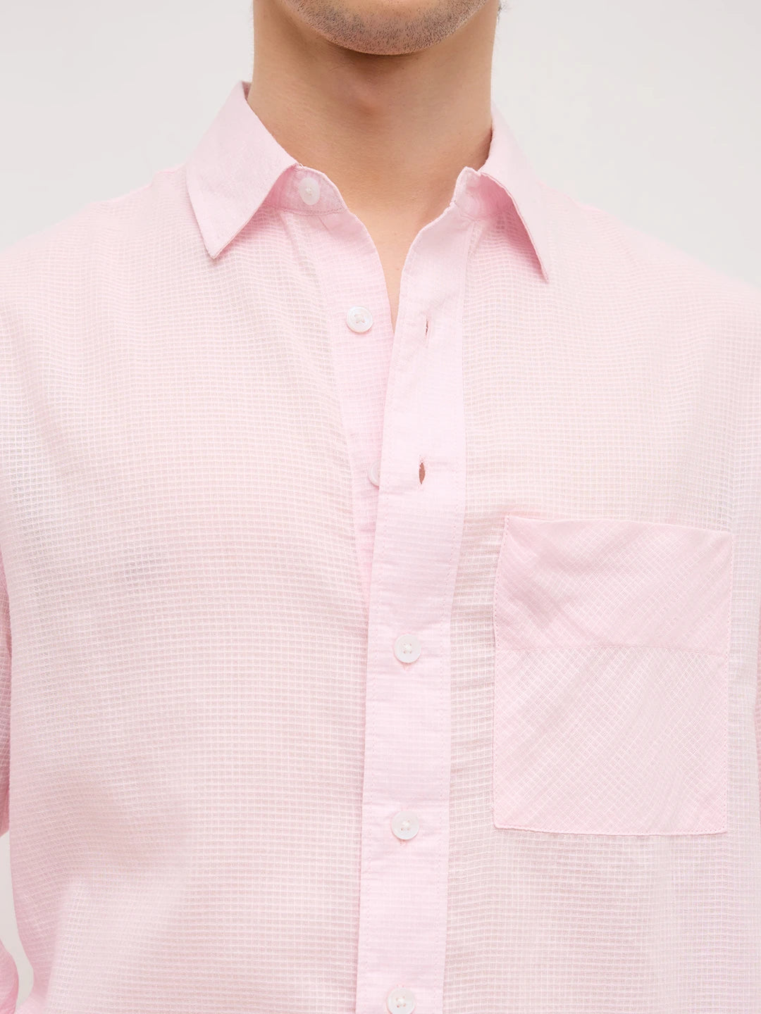 Sheer Blush Pink Gingham Checks Boxy Fit Crop Shirt
