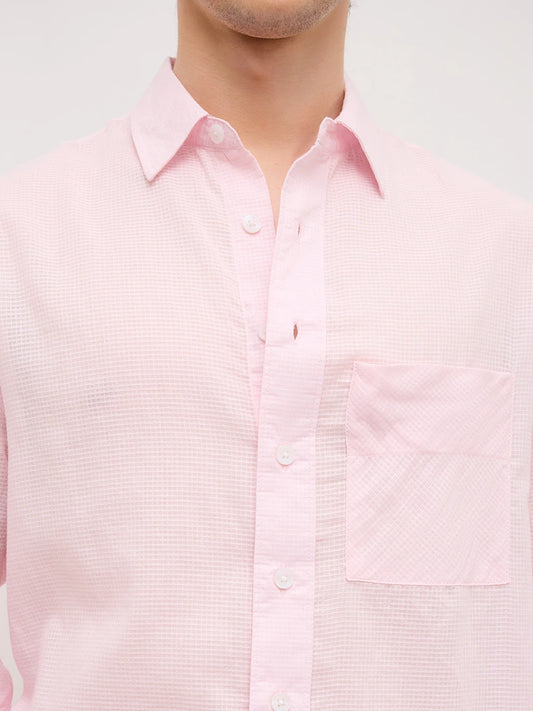 Sheer Blush Pink Gingham Checks Boxy Fit Crop Shirt