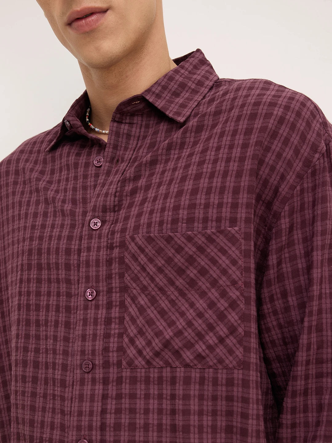Rich Maroon Windowpane Checks Boxy Fit Crop Shirt