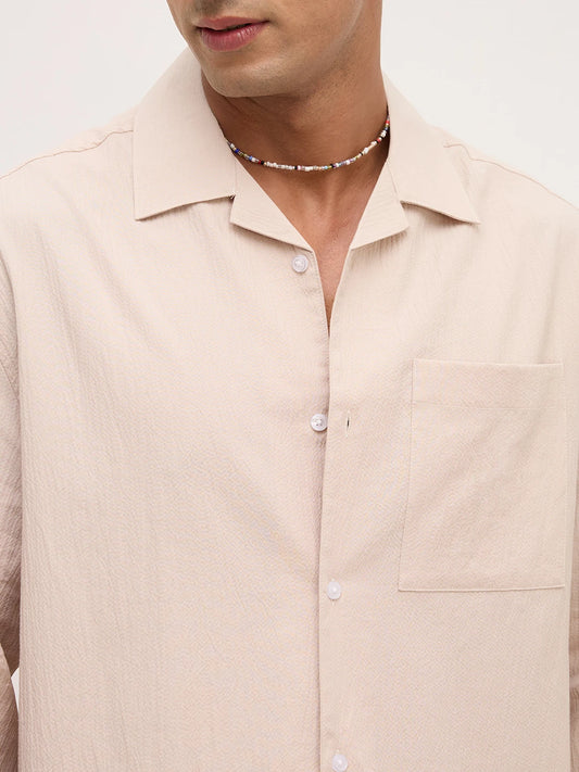 Luxe Beige Fine Textured Notch Collar Oversized Shirt