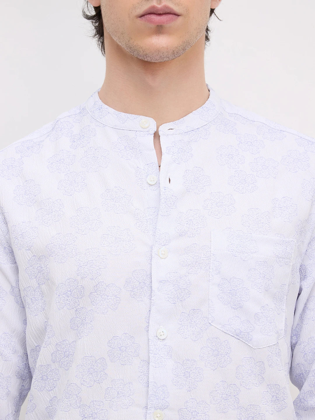 Cool Blue Floral Intricate Creased Mandarin Shirt