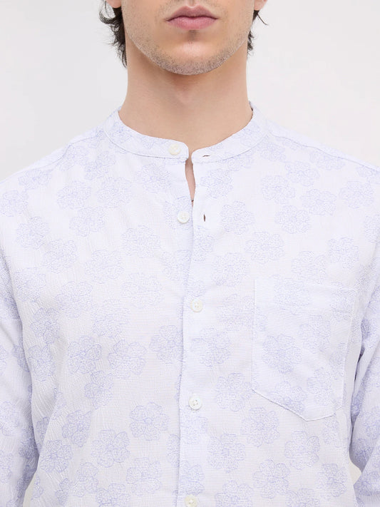 Cool Blue Floral Intricate Creased Mandarin Shirt