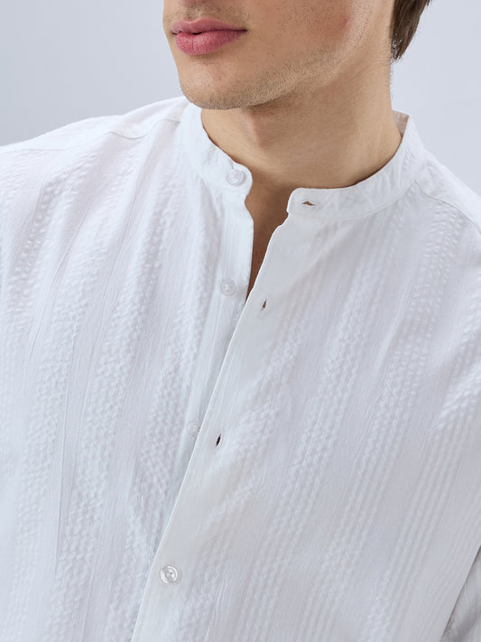 Snow White Seersucker Striped Mandarin Shirt