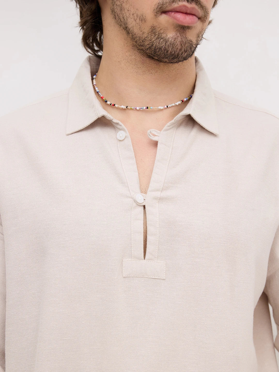Iconic Beige Loop Button Oversized Shirt
