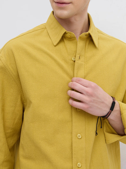 Intricate Dijon Yellow Textured Boxy Fit Crop Shirt