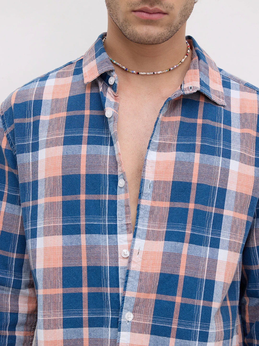 Denim Blue & Pink Multi Line Block Checks Shirt