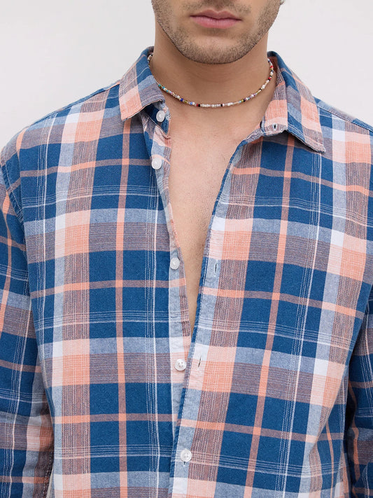 Denim Blue & Pink Multi Line Block Checks Shirt